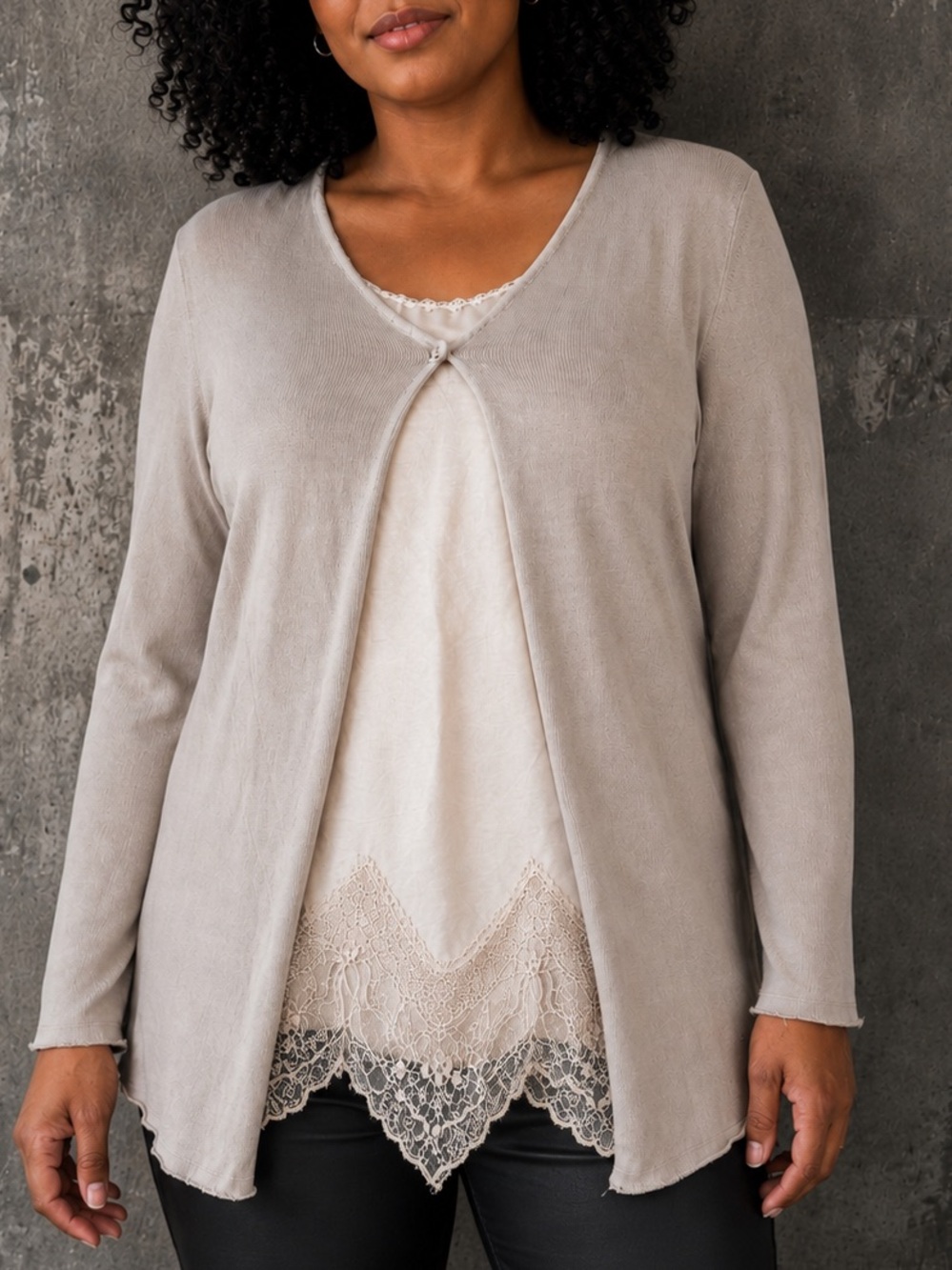 PLEASE Beige Lace Layered Cardigan Tunic Estimated M